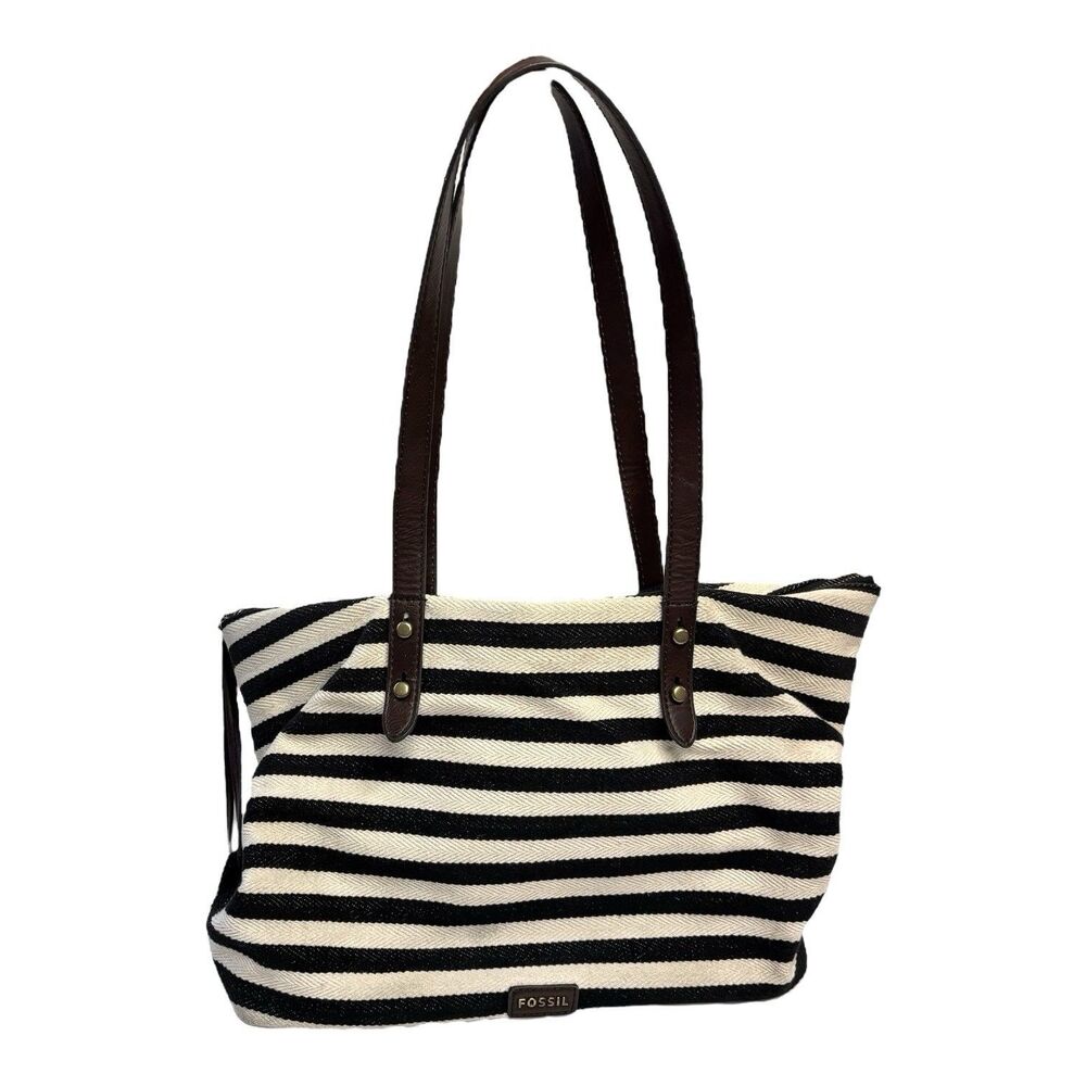 Fossil Jenna Tote Black White Striped Large Zippered Tote Bag Double Handle 12x9